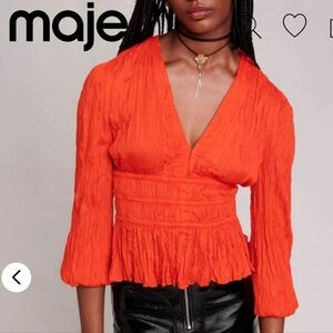 NWT Maje crinkled textured satin top blouse 70s retro disco red boho peplum